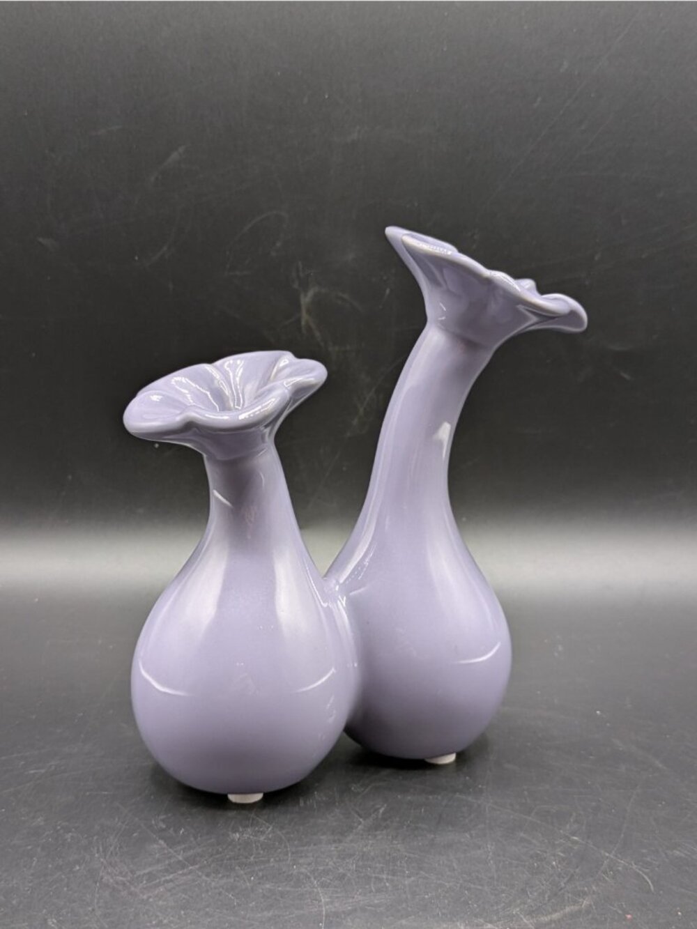 Double Flower Ceramic Bud Vase Ruffled Top Edge Lavander Purple 6"